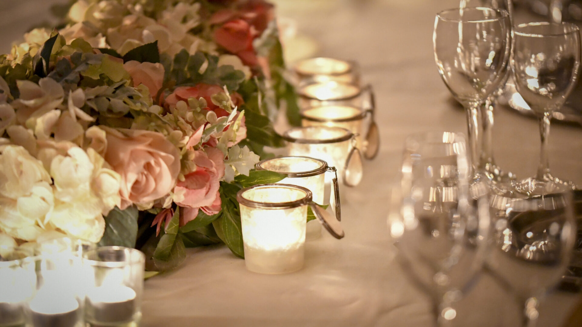 Candlelight table decor close up shot