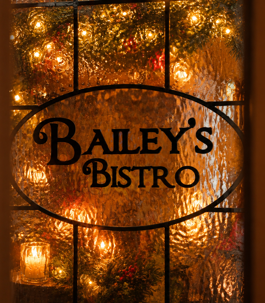 Baileys Bistro door at Christmas