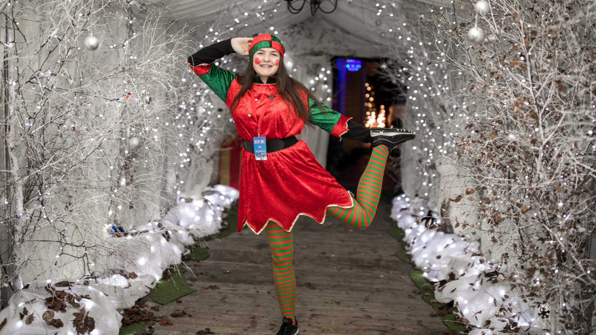 Elf jumping in Winter Wonderland corridor